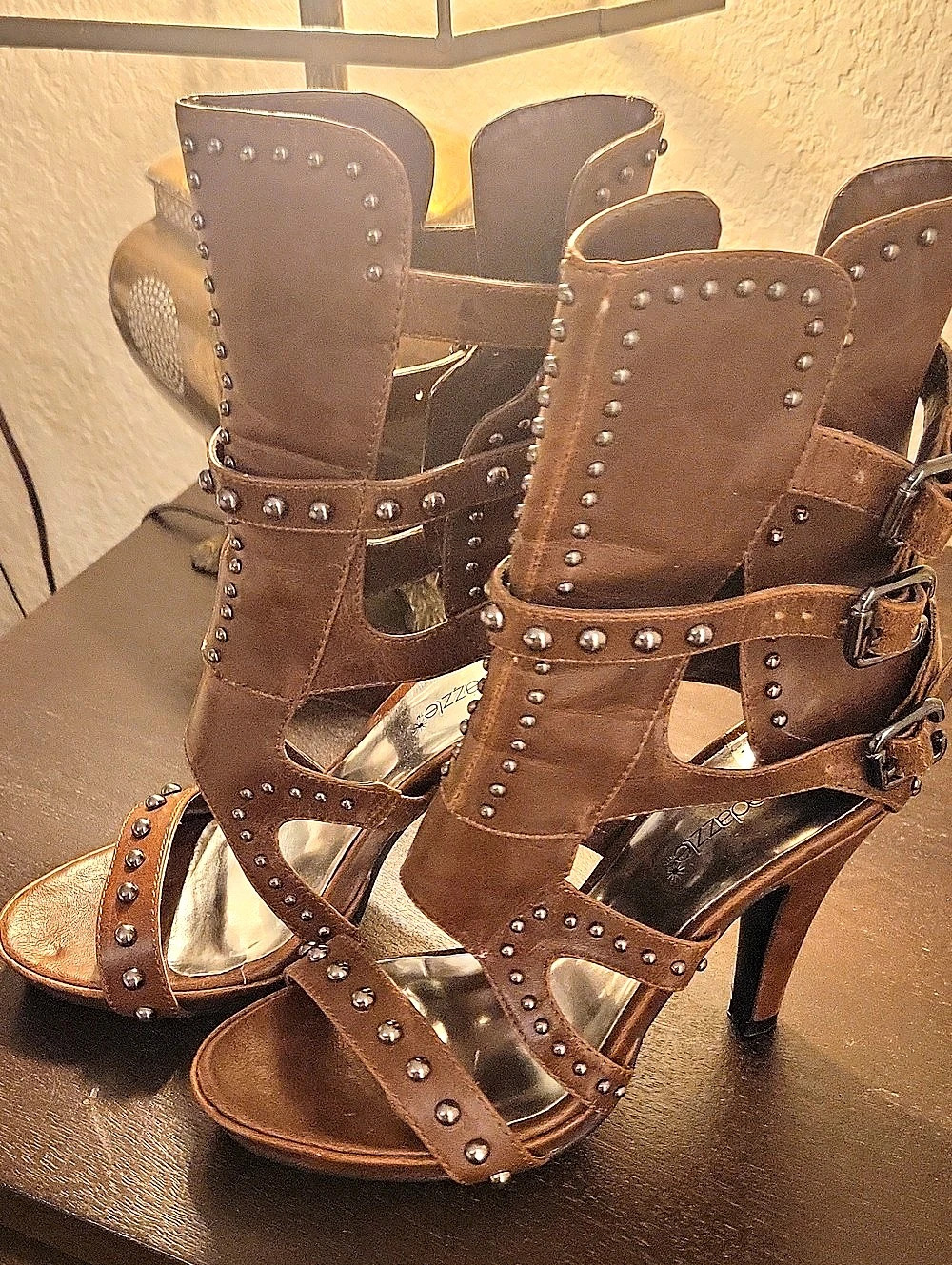 Shoedazzle Studded Gladiator Heels in Brown